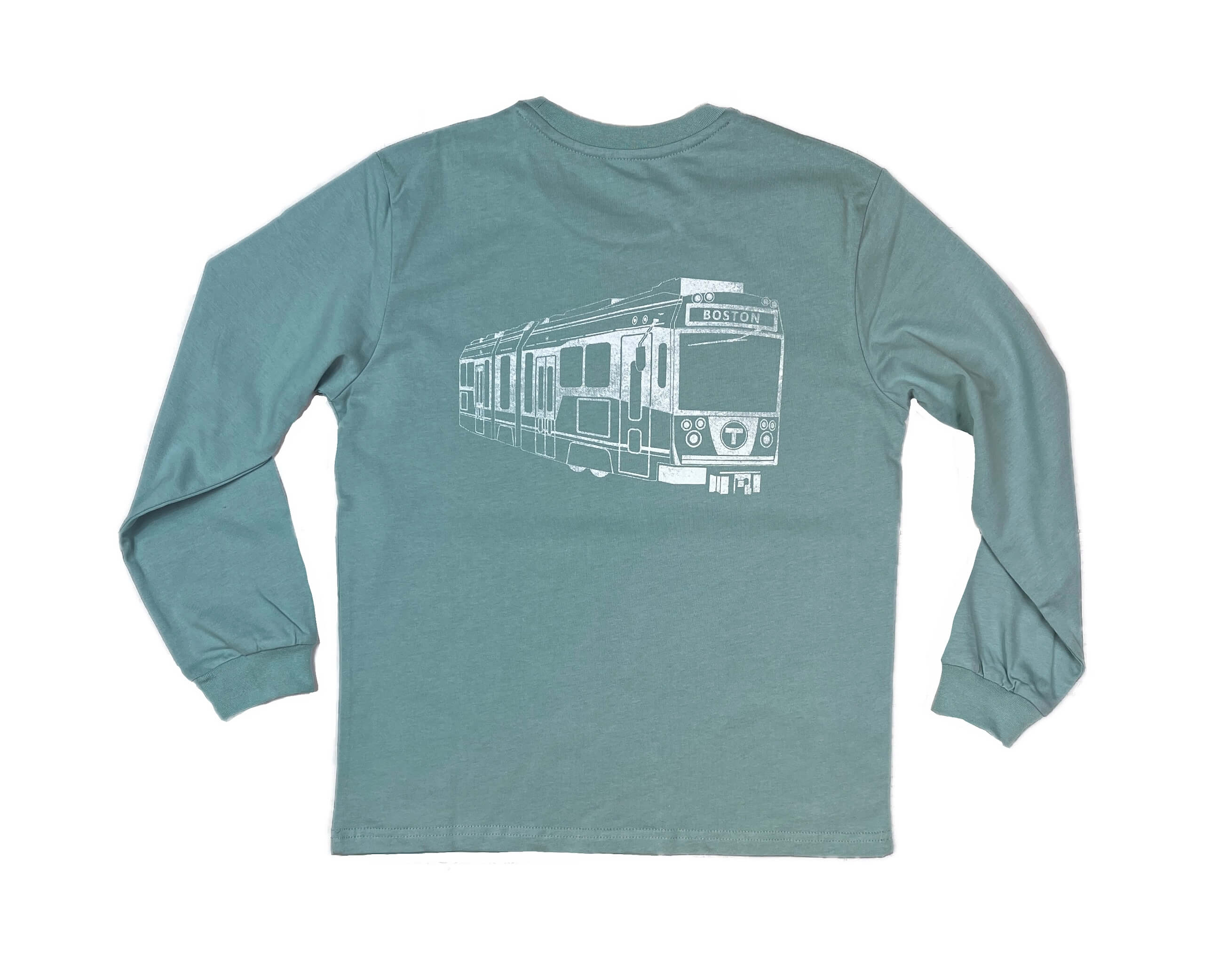 Youth size washed green long sleeve cotton t-shirt with Boston MBTA Green Line Type 9 Subway Trolley on the back